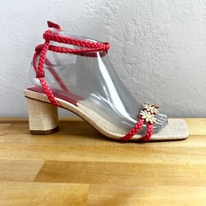 SCHUTZ Hina Woven Raffia Pink Coral Leather Lace Up Heeled Sandals Daisy 7.5